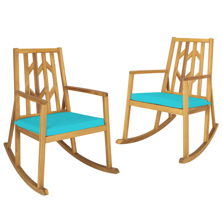 Set of 2 Outdoor Acacia Wood Rocking Chair Wooden Patio Rocker w/ Turquoise Cushion Image 1