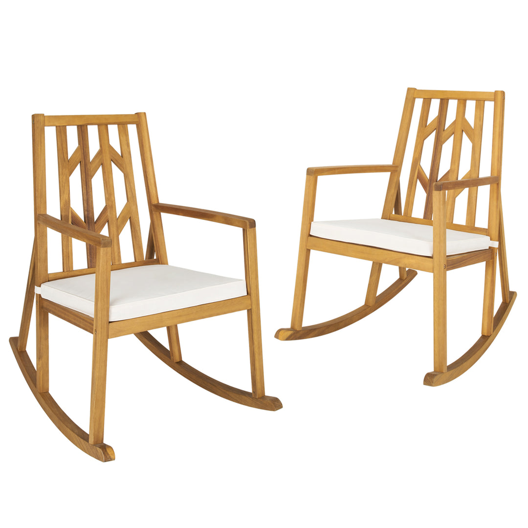 Set of 2 Outdoor Acacia Wood Rocking Chair Wooden Patio Rocker w/ Beige Cushion Image 1