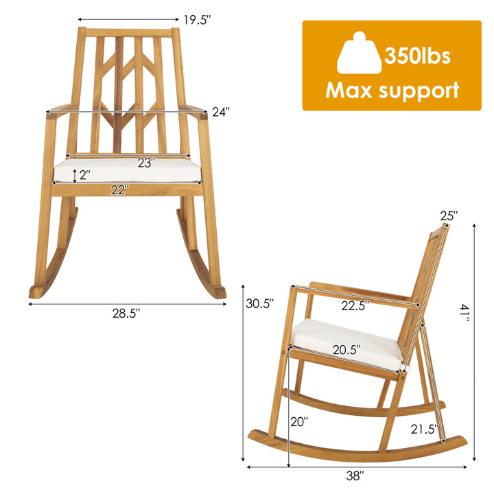 Set of 2 Outdoor Acacia Wood Rocking Chair Wooden Patio Rocker w/ Beige Cushion Image 2