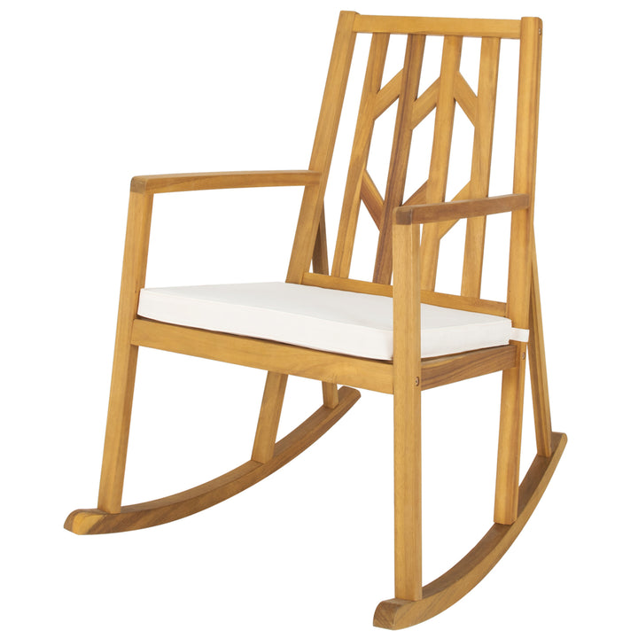 Set of 2 Outdoor Acacia Wood Rocking Chair Wooden Patio Rocker w/ Beige Cushion Image 6