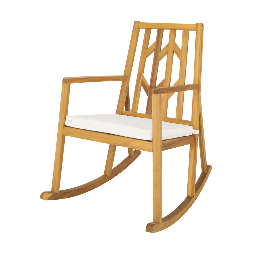 Set of 2 Outdoor Acacia Wood Rocking Chair Wooden Patio Rocker w/ Beige Cushion Image 7