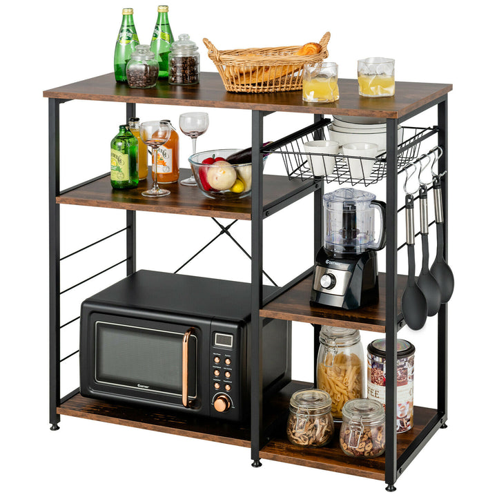 Industrial Kitchen Bakers Rack Microwave Stand Utility Home Shelf w/ 6 Hooks Image 2