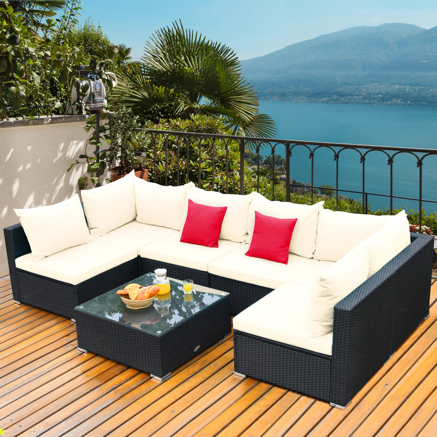 7PCS Rattan Patio Conversation Sectional Furniture Set w/ Cushion Pillow Image 1