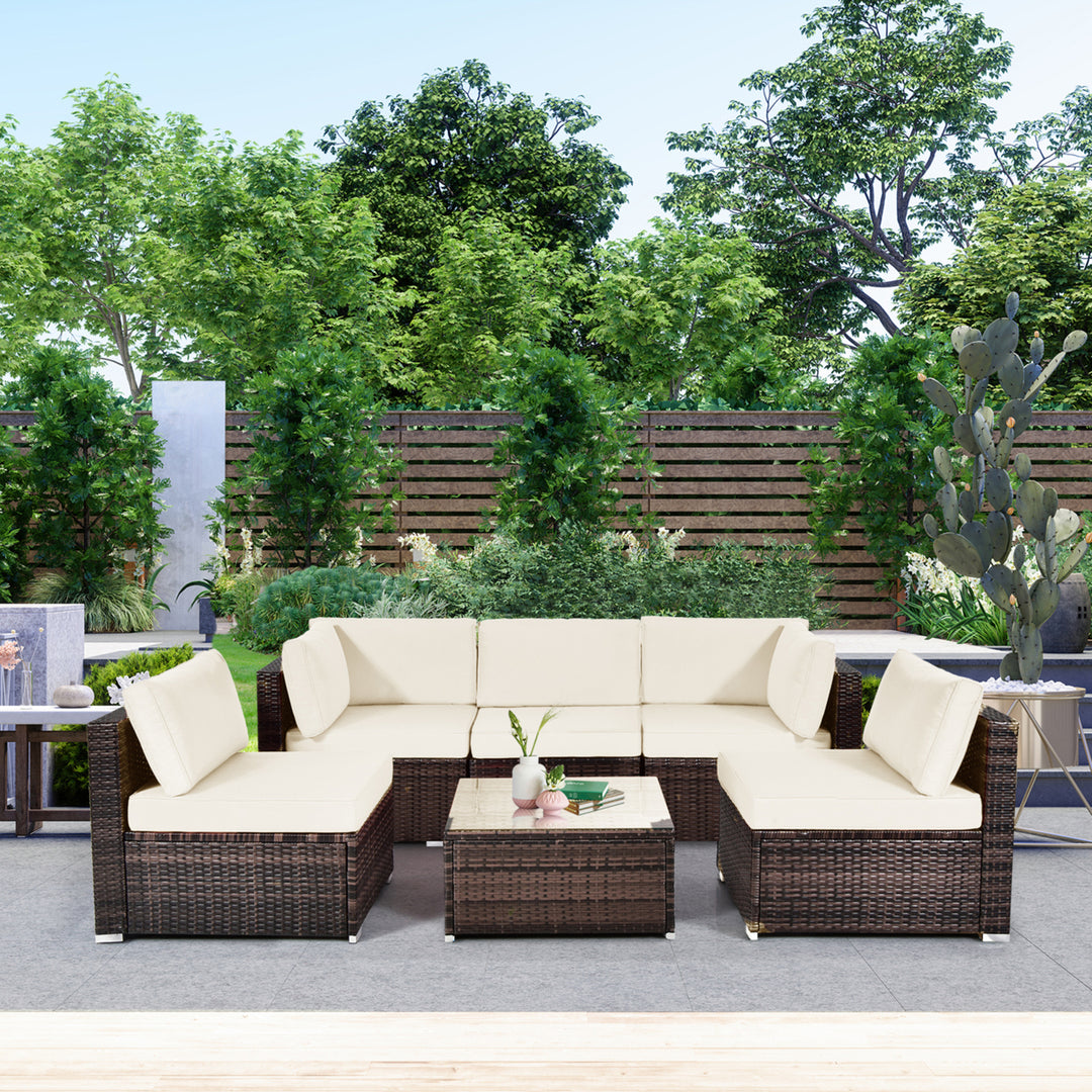 6PCS Rattan Outdoor Sectional Sofa Set Patio Furniture Set w/ White Cushions Image 3