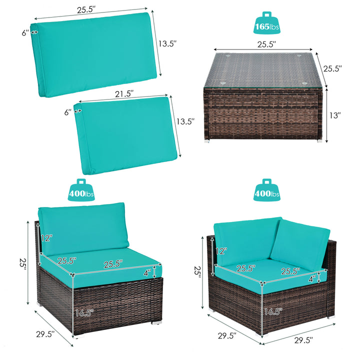 6PCS Rattan Outdoor Sectional Sofa Set Patio Furniture Set w/ Turquoise Cushions Image 3