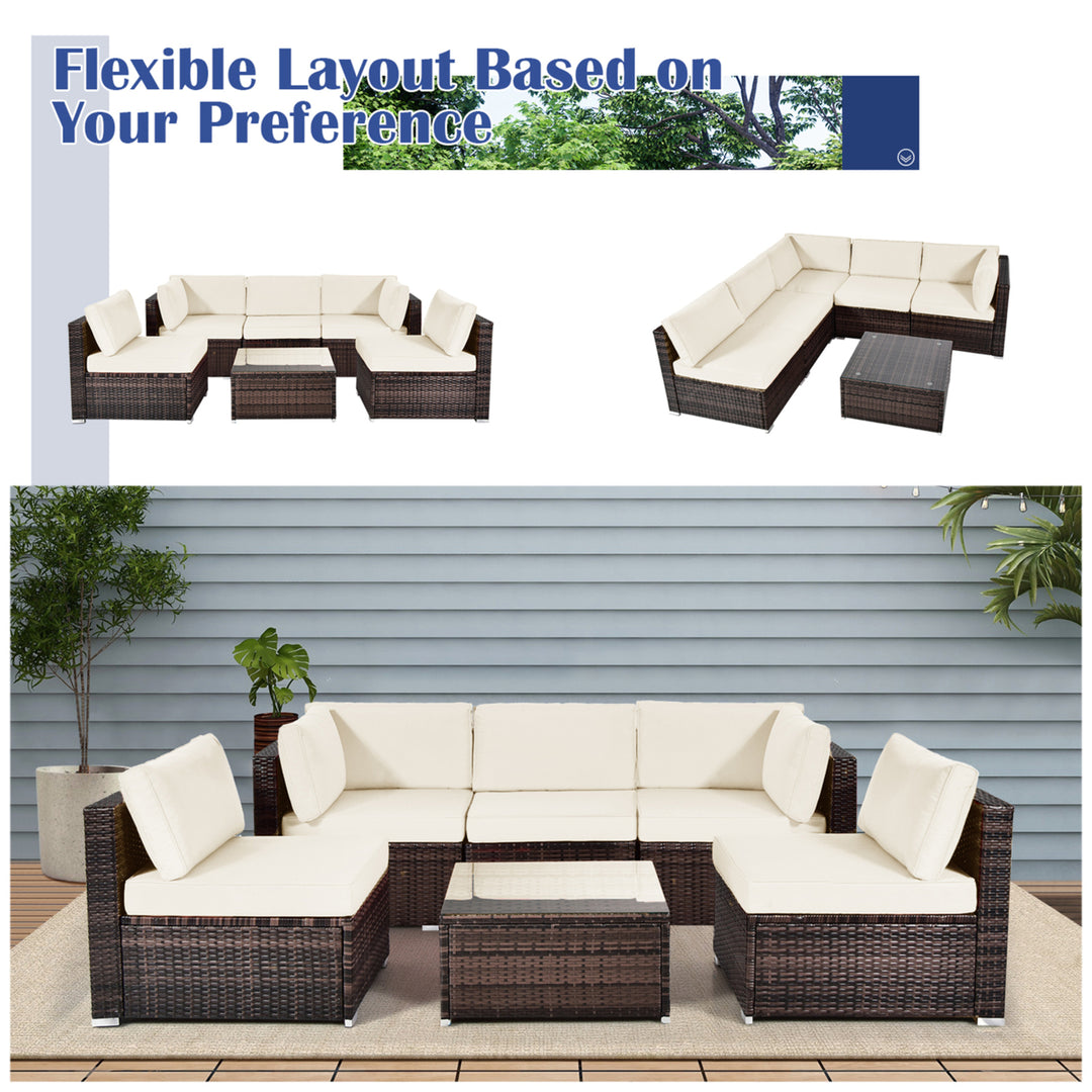 6PCS Rattan Outdoor Sectional Sofa Set Patio Furniture Set w/ White Cushions Image 4