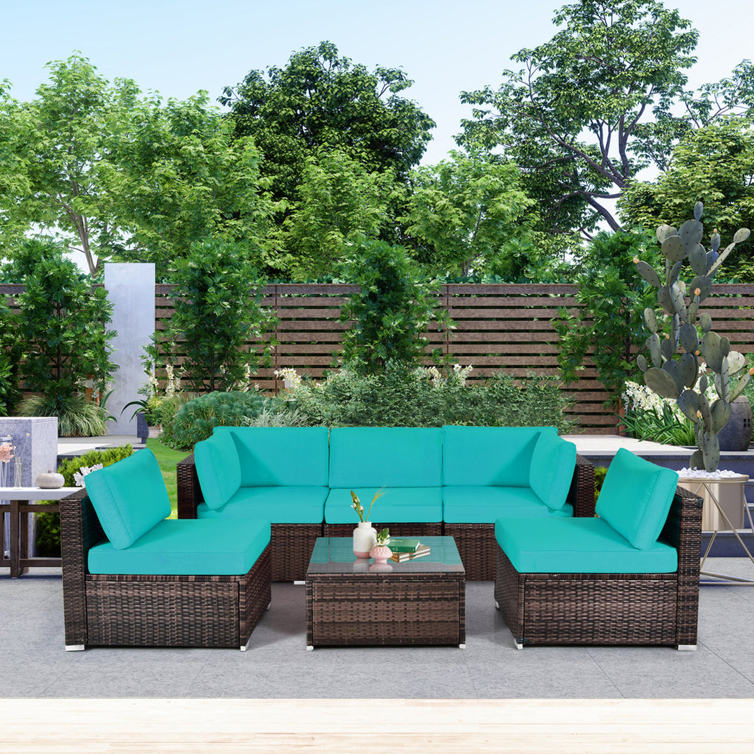 6PCS Rattan Outdoor Sectional Sofa Set Patio Furniture Set w/ Turquoise Cushions Image 9