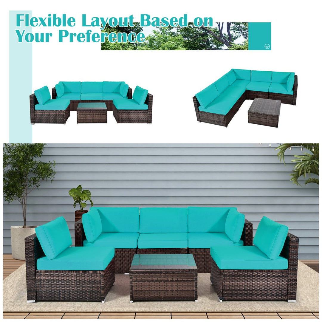 6PCS Rattan Outdoor Sectional Sofa Set Patio Furniture Set w/ Turquoise Cushions Image 4