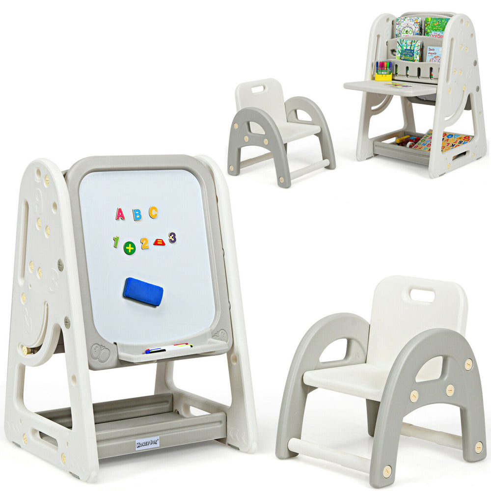 2 in 1 Kids Easel Desk Chair Set Book Rack Adjustable Art Painting Board Blue/Gray Image 2