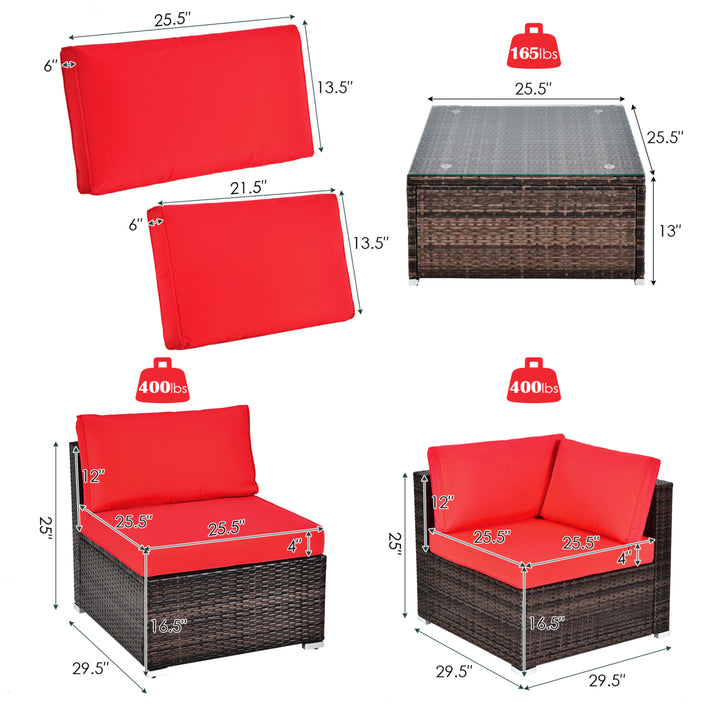 6PCS Rattan Outdoor Sectional Sofa Set Patio Furniture Set w/ Red Cushions Image 3