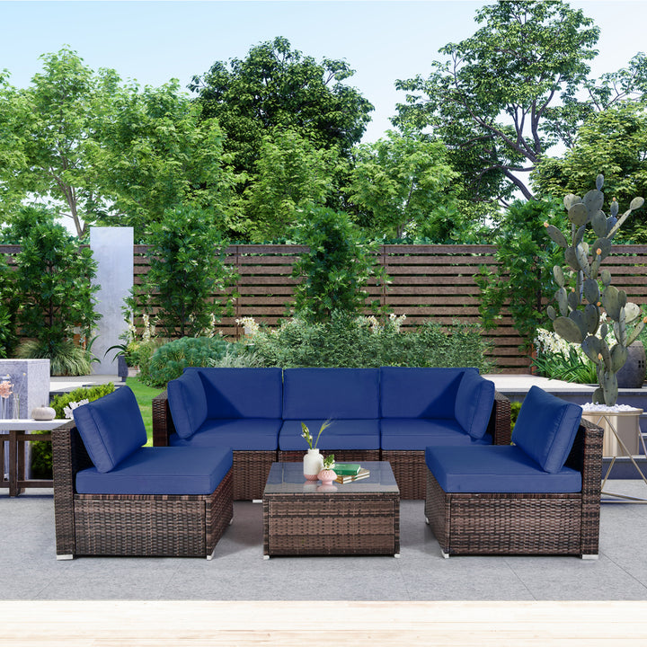 6PCS Rattan Outdoor Sectional Sofa Set Patio Furniture Set w/ Navy Cushions Image 3