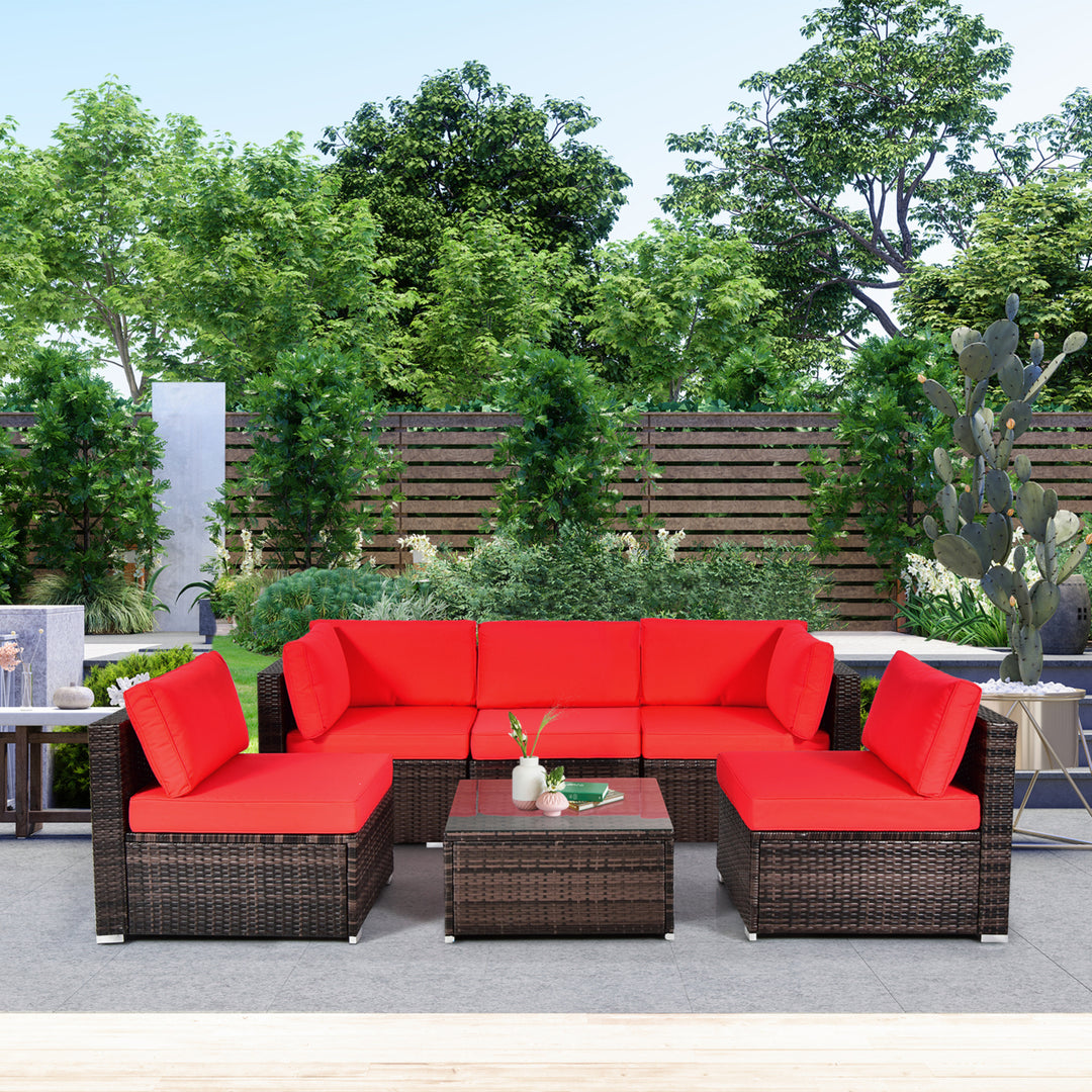 6PCS Rattan Outdoor Sectional Sofa Set Patio Furniture Set w/ Red Cushions Image 9