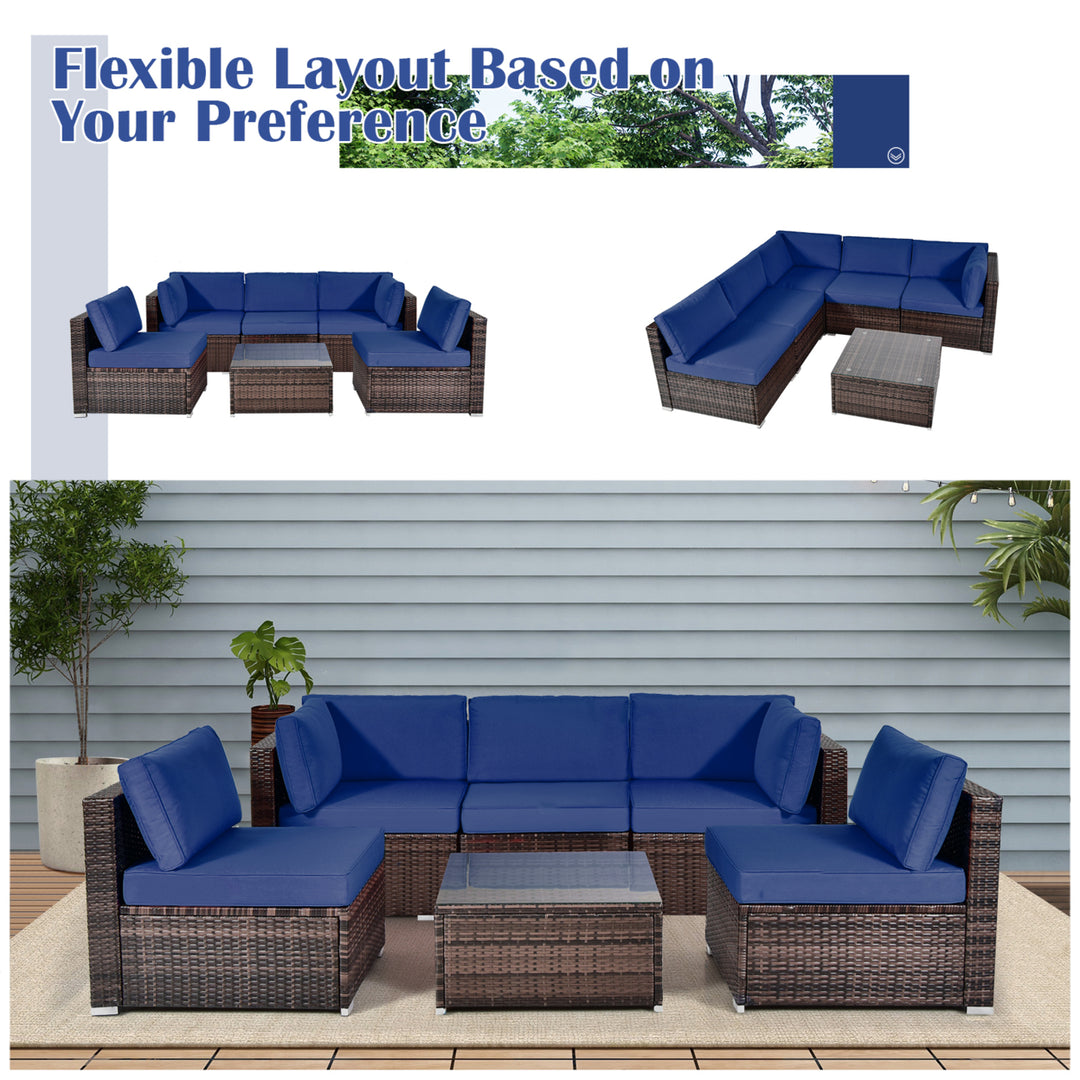 6PCS Rattan Outdoor Sectional Sofa Set Patio Furniture Set w/ Navy Cushions Image 4