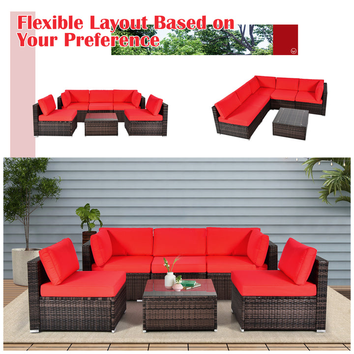 6PCS Rattan Outdoor Sectional Sofa Set Patio Furniture Set w/ Red Cushions Image 4