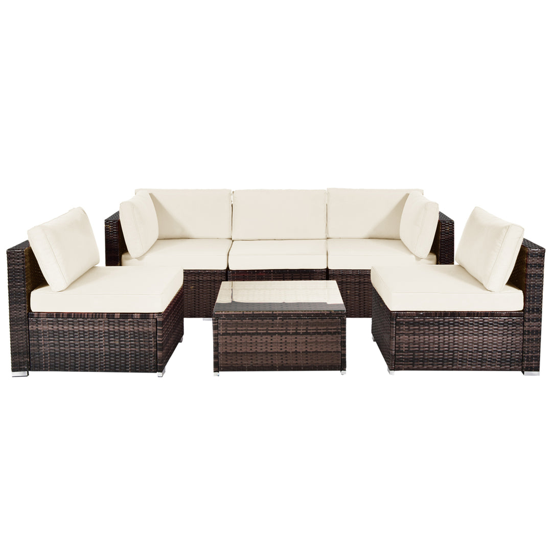 6PCS Rattan Outdoor Sectional Sofa Set Patio Furniture Set w/ White Cushions Image 2