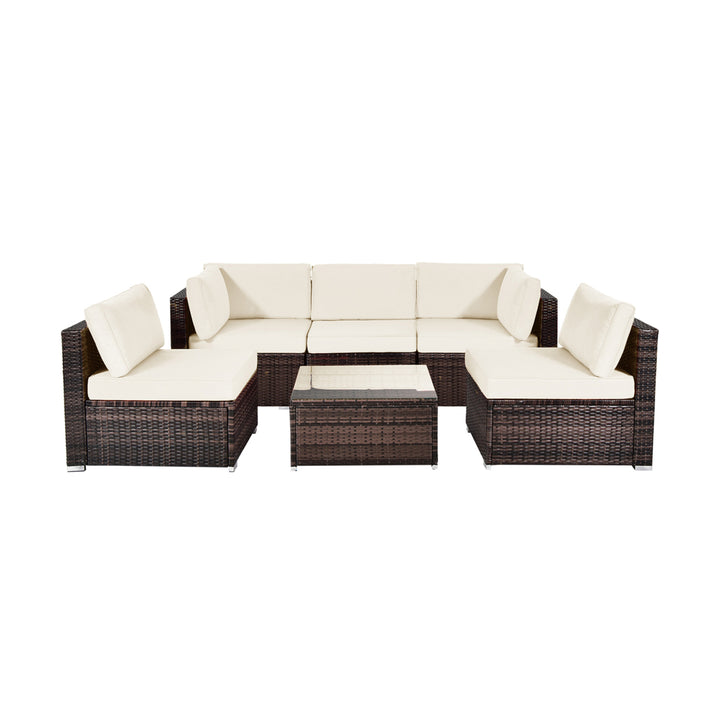 6PCS Rattan Outdoor Sectional Sofa Set Patio Furniture Set w/ White Cushions Image 10