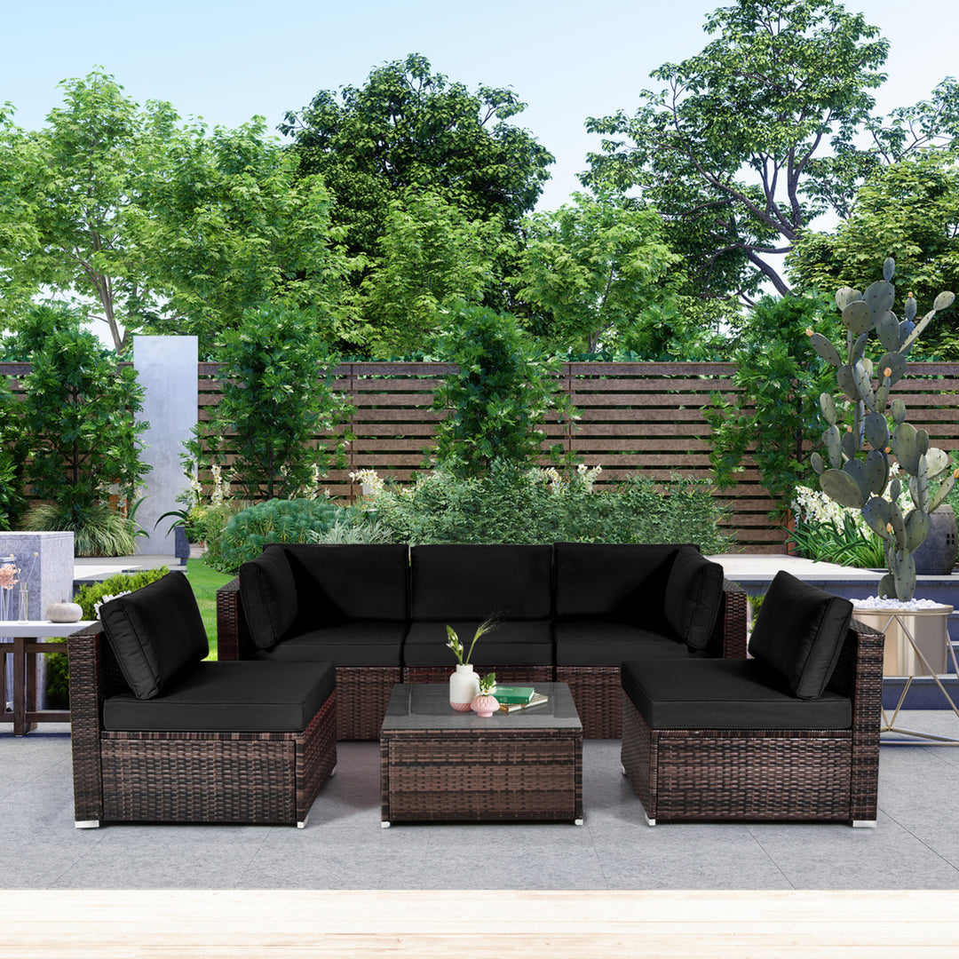 6PCS Rattan Outdoor Sectional Sofa Set Patio Furniture Set w/ Black Cushions Image 9