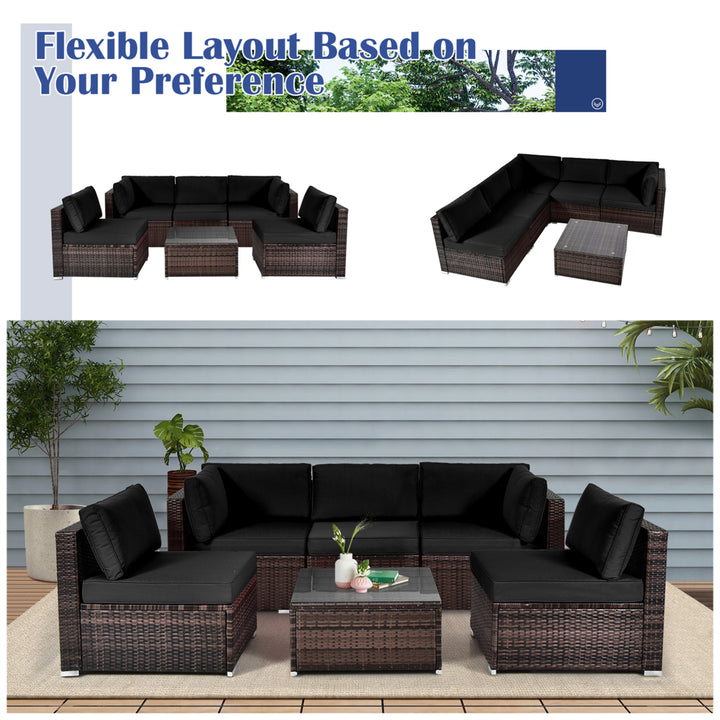 6PCS Rattan Outdoor Sectional Sofa Set Patio Furniture Set w/ Black Cushions Image 4