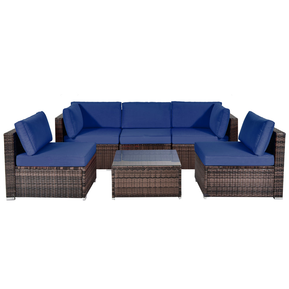 6PCS Rattan Outdoor Sectional Sofa Set Patio Furniture Set w/ Navy Cushions Image 2