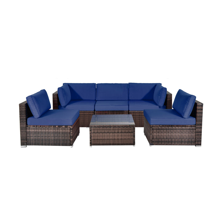 6PCS Rattan Outdoor Sectional Sofa Set Patio Furniture Set w/ Navy Cushions Image 10