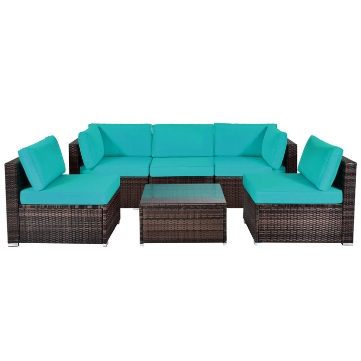 6PCS Rattan Outdoor Sectional Sofa Set Patio Furniture Set w/ Turquoise Cushions Image 2