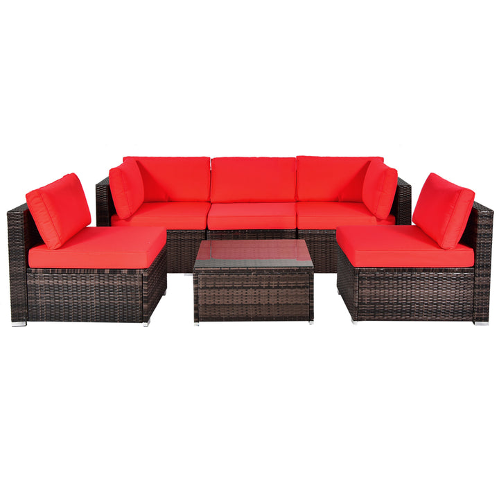 6PCS Rattan Outdoor Sectional Sofa Set Patio Furniture Set w/ Red Cushions Image 2