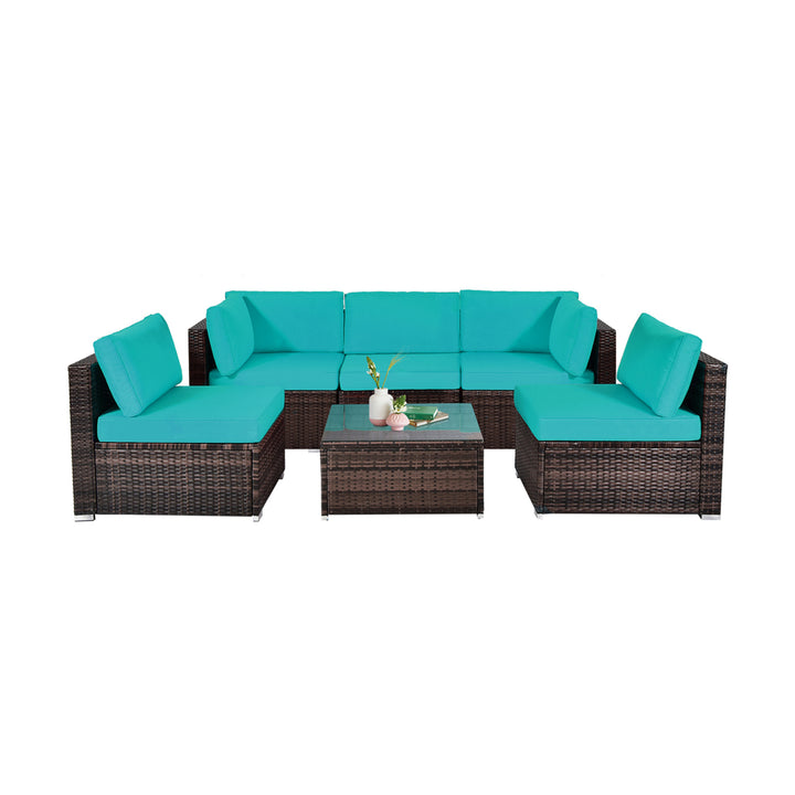 6PCS Rattan Outdoor Sectional Sofa Set Patio Furniture Set w/ Turquoise Cushions Image 10