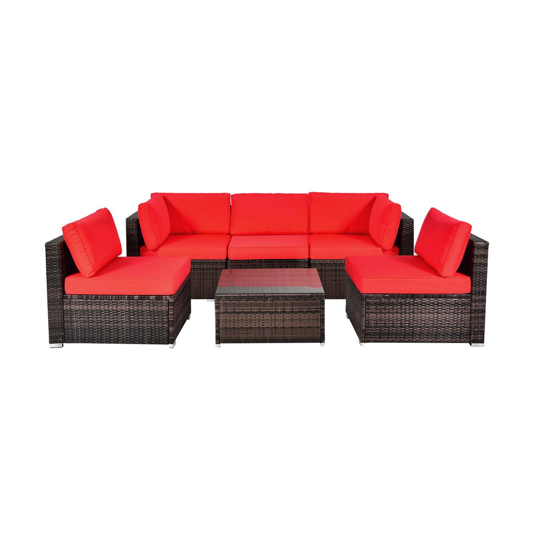 6PCS Rattan Outdoor Sectional Sofa Set Patio Furniture Set w/ Red Cushions Image 10