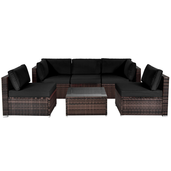 6PCS Rattan Outdoor Sectional Sofa Set Patio Furniture Set w/ Black Cushions Image 2