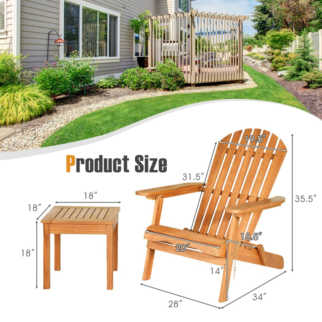 3PCS Eucalyptus Adirondack Chair Set w/ Side Table Outdoor Patio Natural Image 3