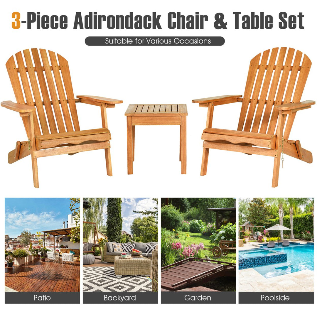 3PCS Eucalyptus Adirondack Chair Set w/ Side Table Outdoor Patio Natural Image 7