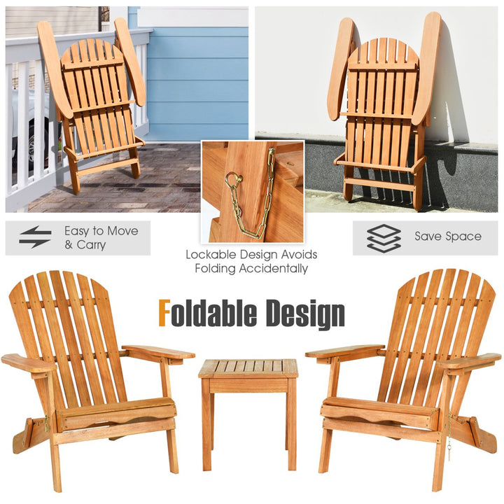 3PCS Eucalyptus Adirondack Chair Set w/ Side Table Outdoor Patio Natural Image 8