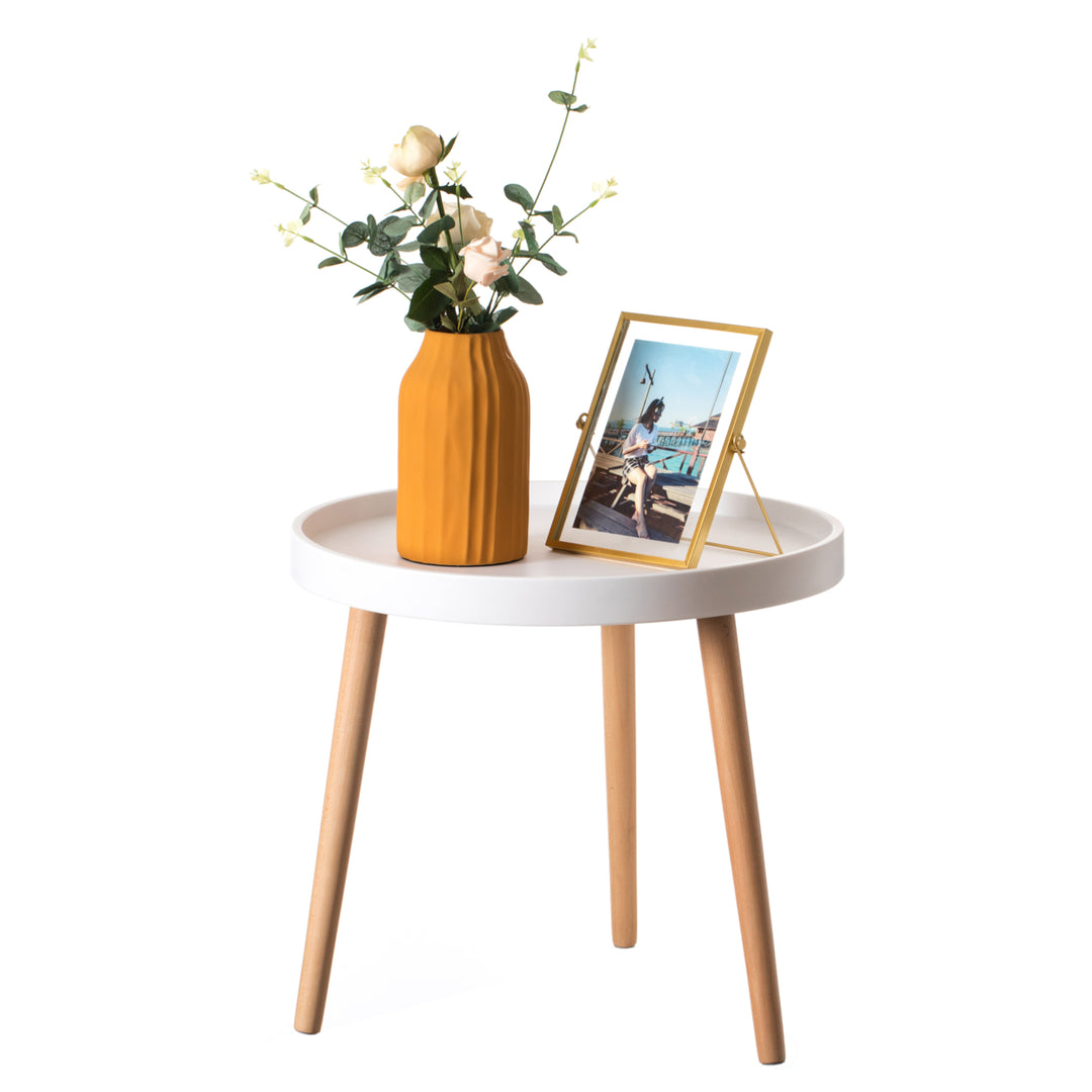 Modern Plastic Round Side Table 20in Beech Wood Legs Accent Coffee Table Image 9