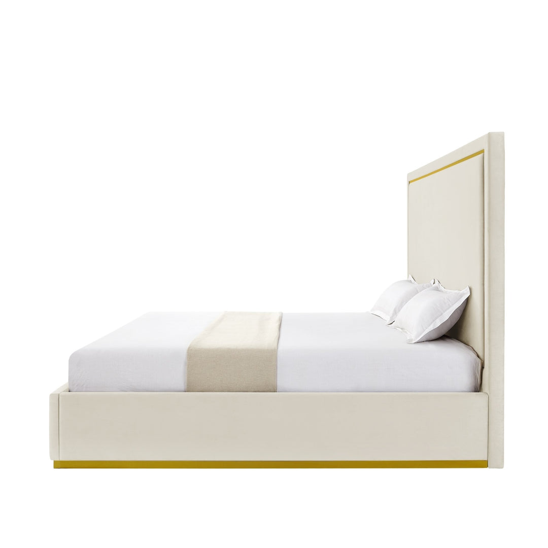 May Bed Upholstered Velvet Platform King Queen Gold Frame Slats Included Image 7