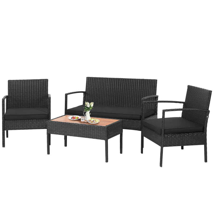 4PCS Patio Rattan Furniture Set Cushioned Chair Wooden Tabletop Black Image 1