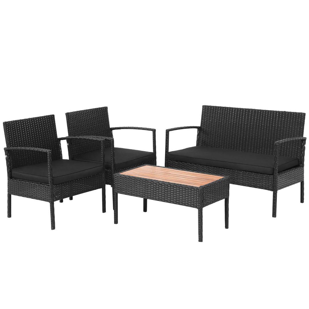 4PCS Patio Rattan Furniture Set Cushioned Chair Wooden Tabletop Black Image 9