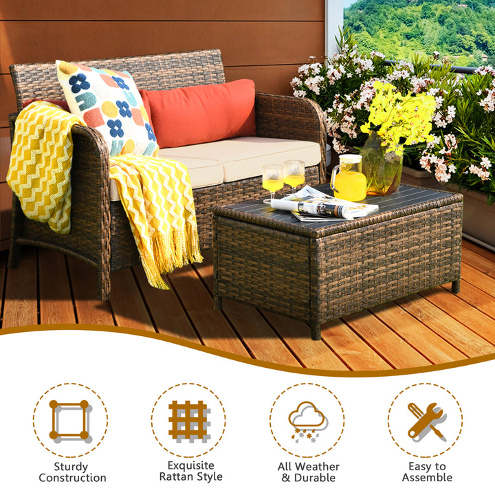 2PCS Patio Rattan Furniture Set Cushioned Loveseat Table Garden Deck Image 6