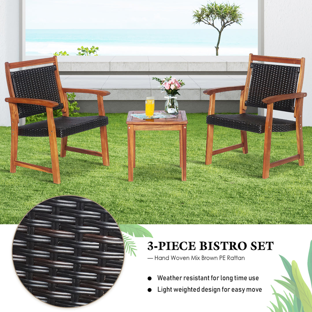 3PCS Patio Rattan Bistro Set Acacia Wood Frame Armrest Chairs Garden Image 5