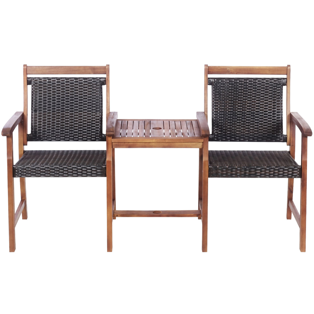 2-Seat Patio Rattan Bench Acacia Wood Frame Table W/Umbrella Hole Deck Image 9