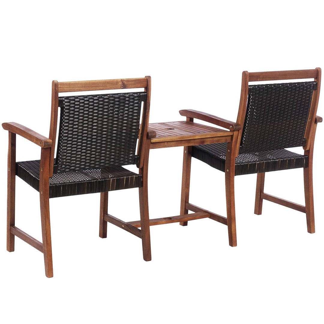 2-Seat Patio Rattan Bench Acacia Wood Frame Table W/Umbrella Hole Deck Image 10