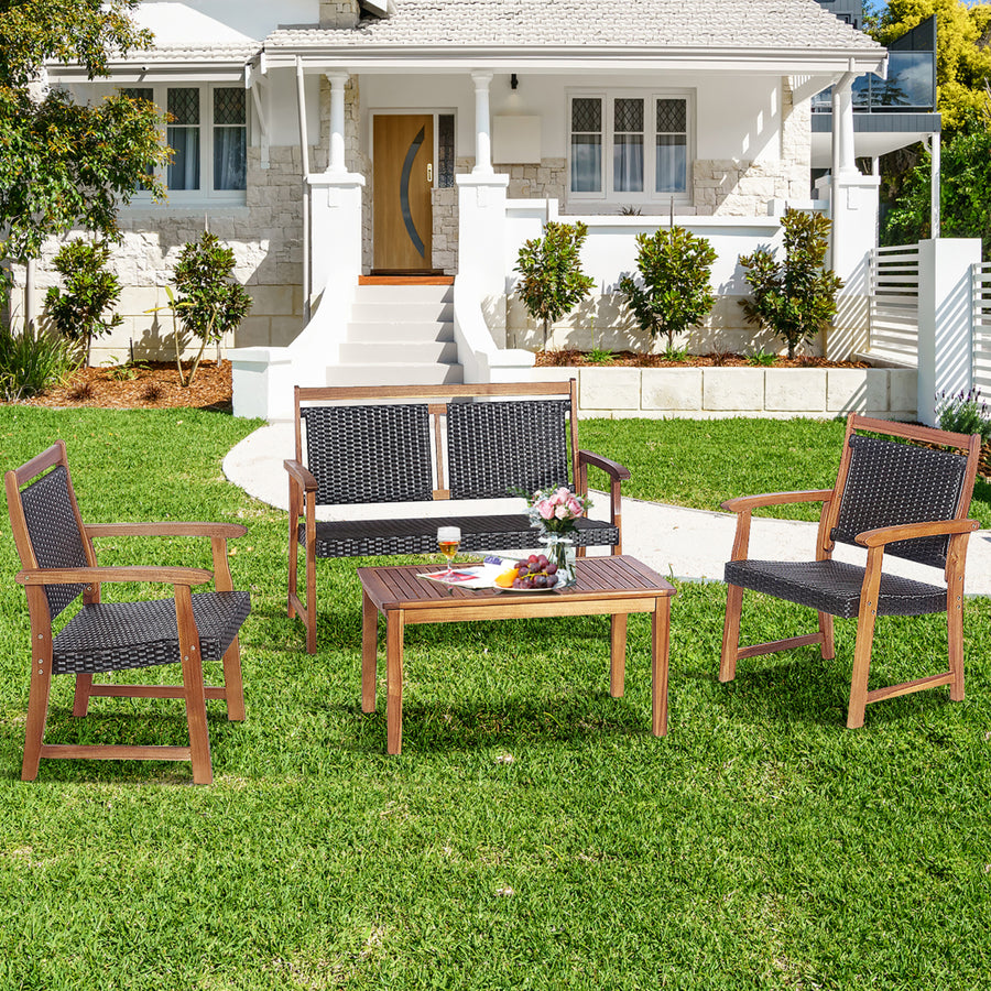 4 PCS Patio Rattan Furniture Set Acacia Wood Frame Sofa Loveseat Garden Image 1