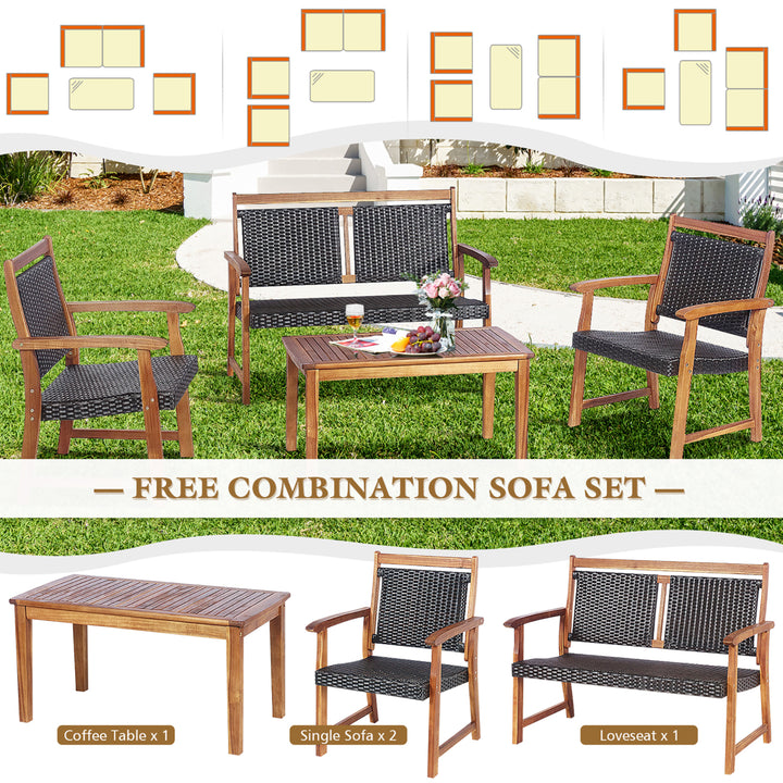 4 PCS Patio Rattan Furniture Set Acacia Wood Frame Sofa Loveseat Garden Image 5