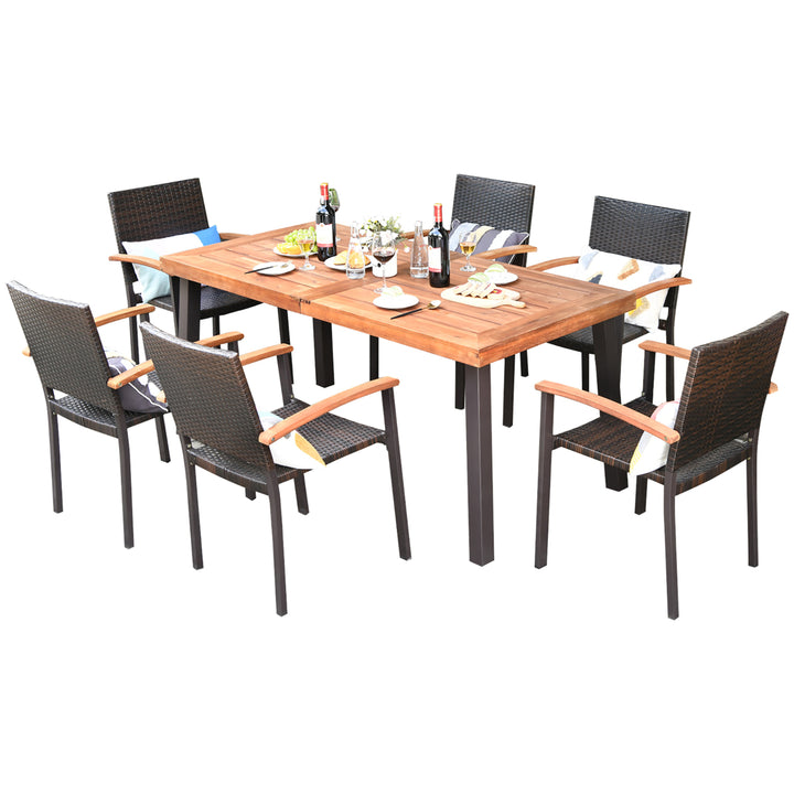 7PCS Patio Rattan Dining Set Acacia Wood Table Top Stackable Chairs Image 8