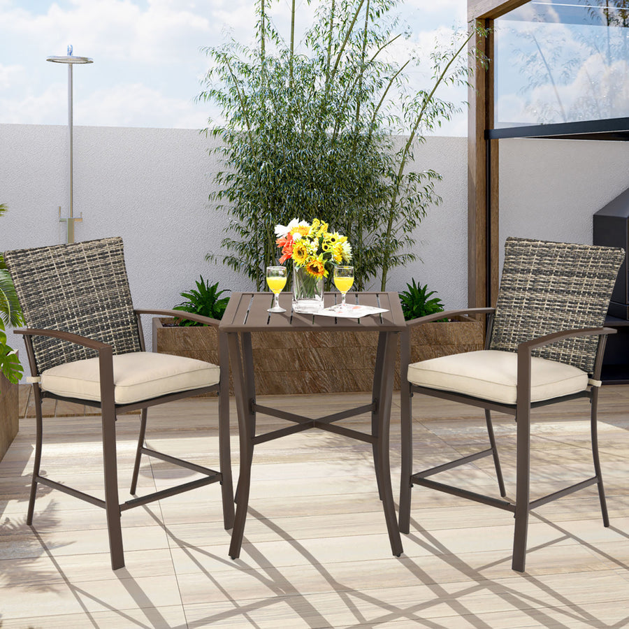 3PCS Patio Rattan Bar Furniture Set Slat Table 2 Cushioned Stools Poolside Brown Image 1