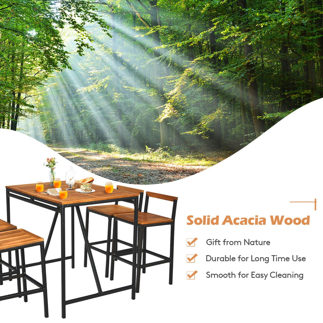 5PCS Patio Rattan Bar Table Stool Set Acacia Wood Top W/Umbrella Hole Image 7