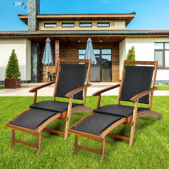 2PCS Patio Folding Rattan Lounge Chair Wood Frame Retractable Footrest Image 1