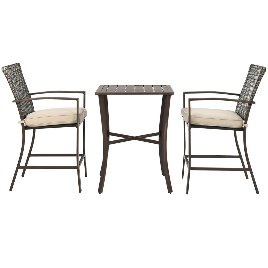 3PCS Patio Rattan Bar Furniture Set Slat Table 2 Cushioned Stools Poolside Brown Image 7