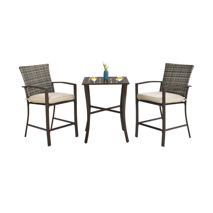 3PCS Patio Rattan Bar Furniture Set Slat Table 2 Cushioned Stools Poolside Brown Image 8