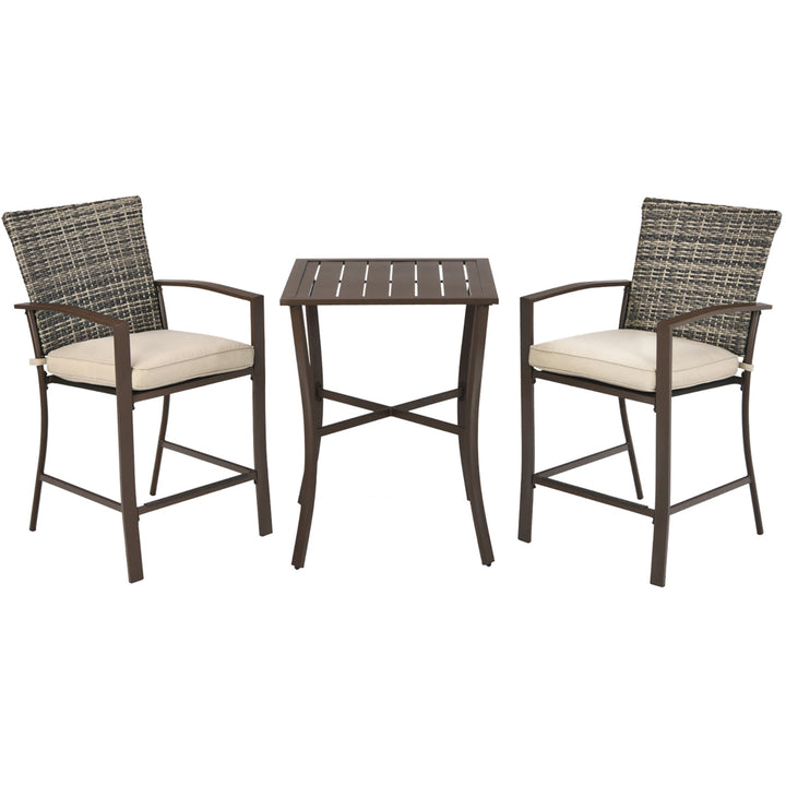 3PCS Patio Rattan Bar Furniture Set Slat Table 2 Cushioned Stools Poolside Brown Image 9