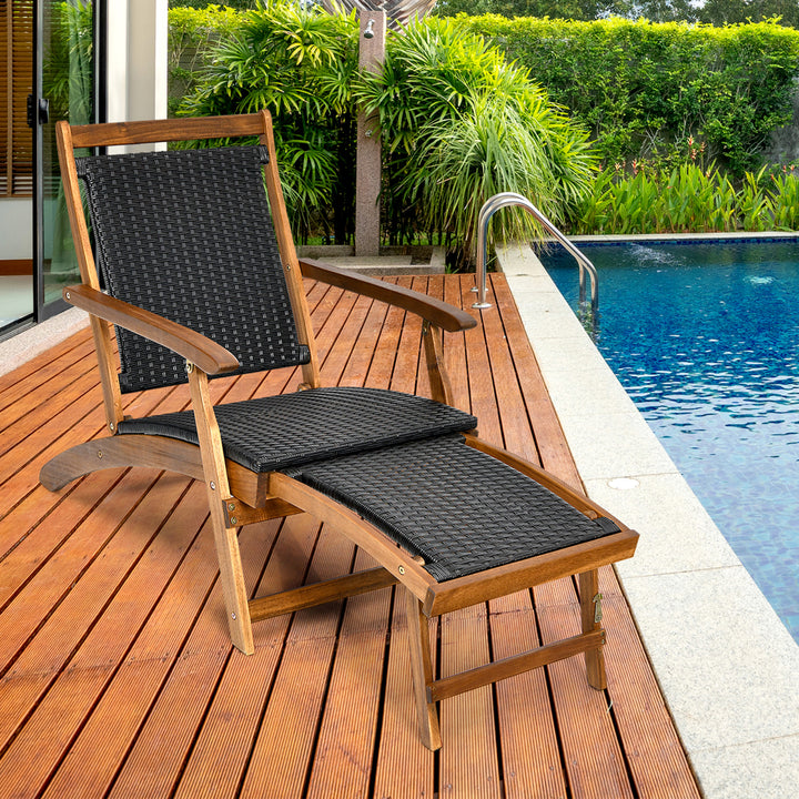 Patio Folding Rattan Lounge Chair Wooden Frame W/ Retractable Footrest Image 1